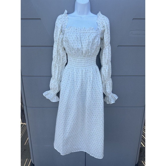 Sleeper Michelin Dress 100% Linen White & Pink Little Roses Off Shoulder NWT XL - Picture 3 of 16